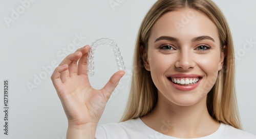 Woman Smiling and Holding Invisalign Aligners: Perfect Smile Transformation