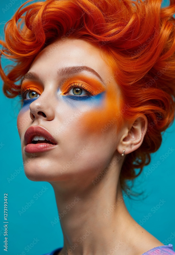 A dramatic portrait focused on the model’s piercing orange eyeshadow and intricate blue eyeliner, with soft flames reflecting in her irises. Her fiery orange hair is styled into windswept waves A dramatic portrait focused on the model’s piercing orange eyeshadow and intricate blue eyeliner, with soft flames reflecting in her irises. Her fiery orange hair is styled into windswept waves