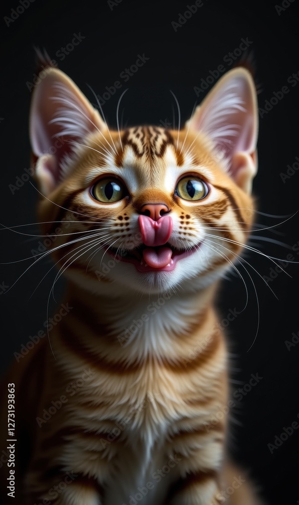 Fototapeta premium Adorable golden tabby kitten with big eyes and a playful expression, perfect for pet-related marketing, social media posts, and content about animal care.