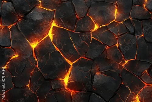 molten lava flow with glowing cracks deep obsidian surface abstract patterns of fire and stone seamless volcanic texture