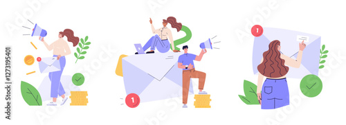 People promoting email marketing. Collection of concepts of email marketing promotion, mail campaign, newsletter mail sending. Vector illustration set in flat cartoon design.