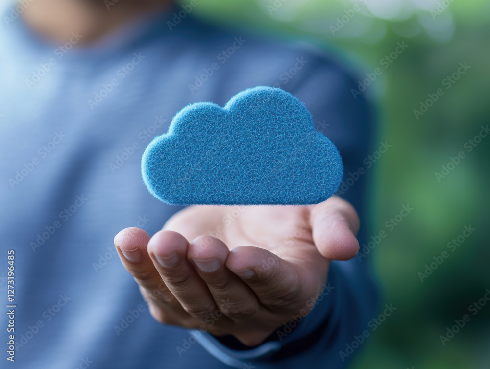 Fototapeta premium person holding blue cloud shaped object in their hand