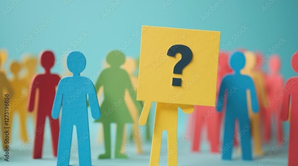 Colorful Paper Cutouts of People With One Holding a Question Mark in a Crowd Setting Colorful Paper Cutouts of People With One Holding a Question Mark in a Crowd Setting