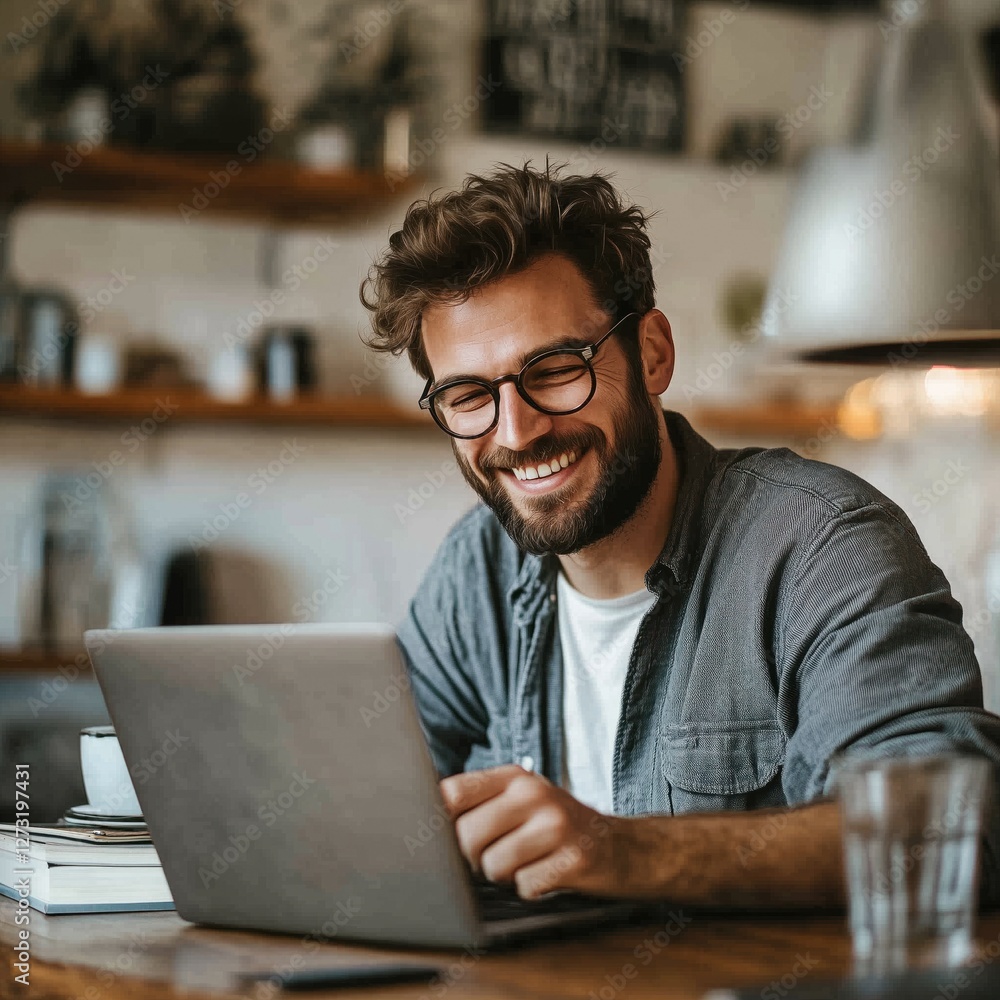 Happy Man at Home with Laptop Smiling While Working Happy Man at Home with Laptop Smiling While Working