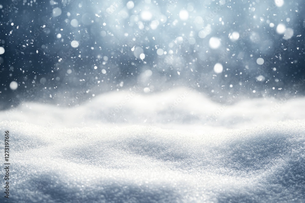 Fototapeta premium Snowy winter landscape with falling snowflakes and bokeh lights.