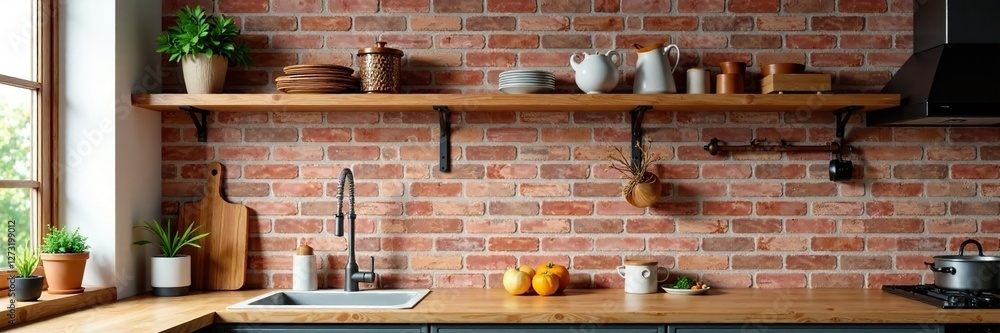 Naklejka premium Wooden shelf against a brick wall in a small kitchen, wood accent wall decoration, wooden decorative items,
