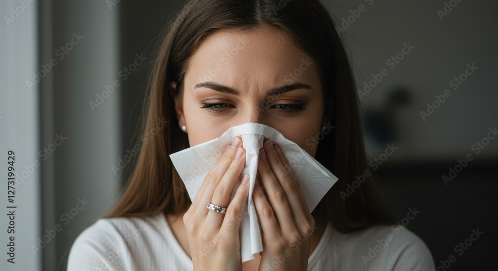 Woman Blowing Her Nose with a Tissue, Feeling Unwell Woman Blowing Her Nose with a Tissue, Feeling Unwell