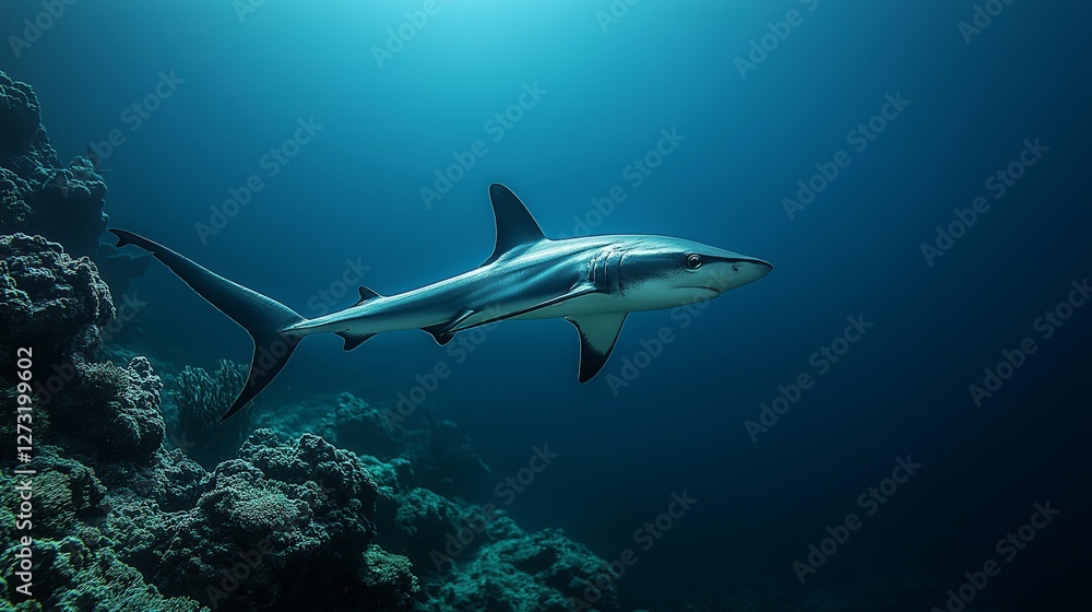 Fototapeta premium Shark swimming through coral reef underwater scene marine wildlife ocean environment side view conservation concept