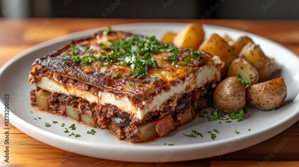 A hearty serving of lasagna with roasted potatoes, garnished with fresh herbs. A hearty serving of lasagna with roasted potatoes, garnished with fresh herbs.