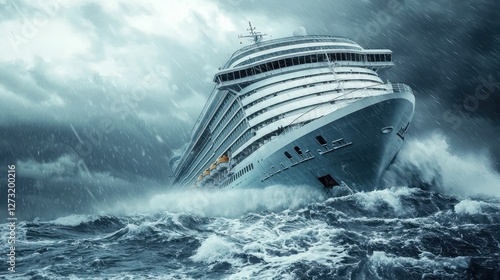 A large cruise ship tilting dangerously in stormy waters, with panicked passengers on deck.