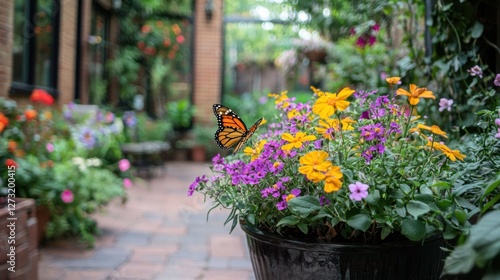 Wallpaper Mural A large flowering plant in an outdoor courtyard, attracting butterflies Torontodigital.ca