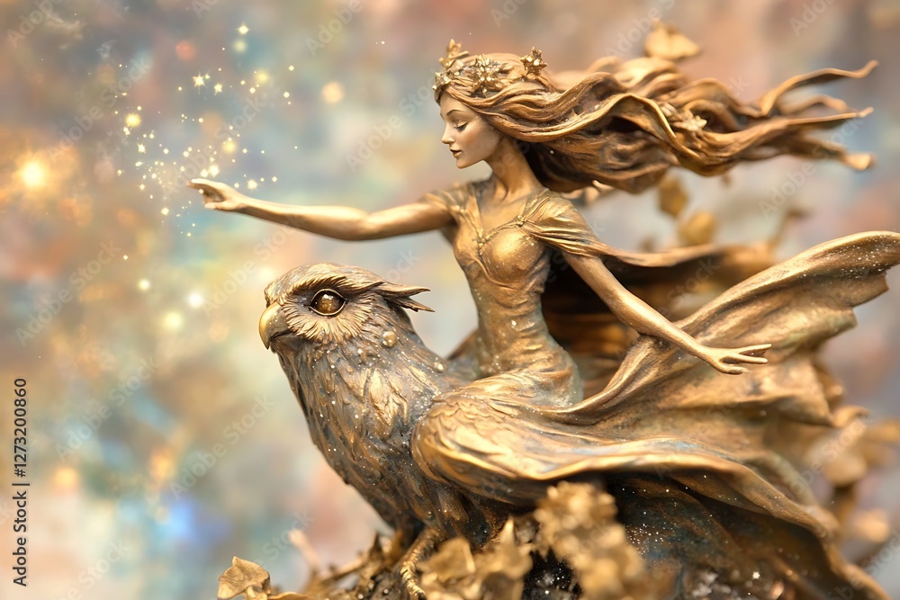 Golden bronze sculpture of a woman in a flowing dress riding an owl. Golden bronze sculpture of a woman in a flowing dress riding an owl.