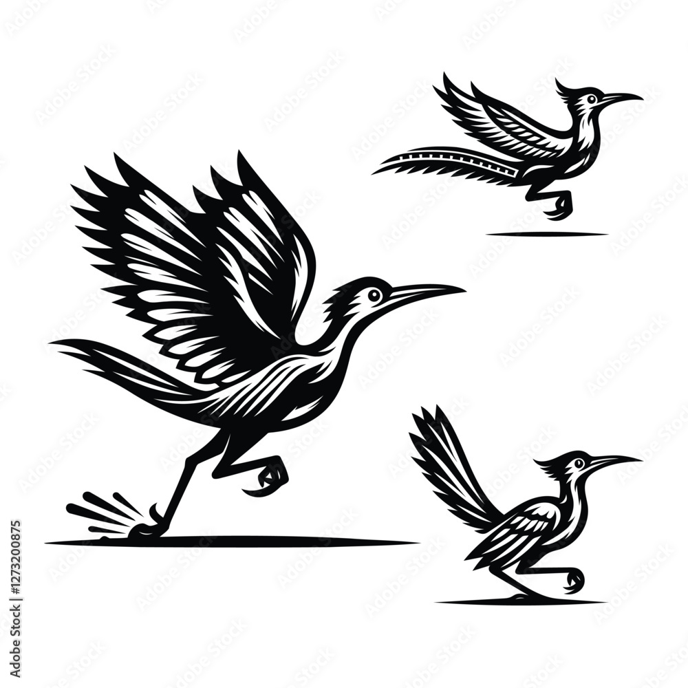 Naklejka premium Roadrunner bird silhouette vector illustration black and white
