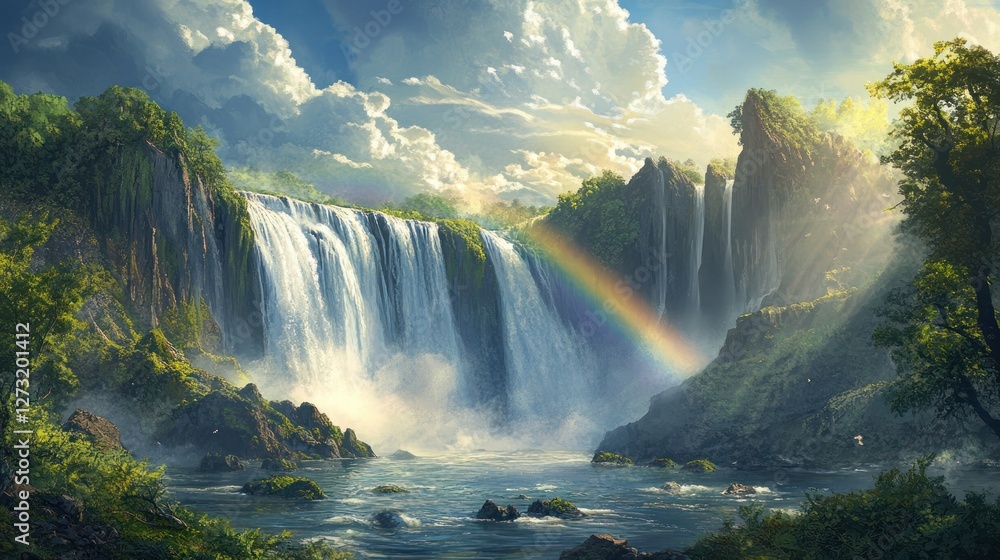 Fototapeta premium Majestic waterfall rainbow nature scene, tranquil pool, lush greenery