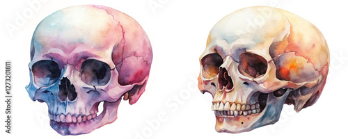 Watercolor skull illustrations, detailed anatomy, artistic style, vibrant colors, medical education, creative design.