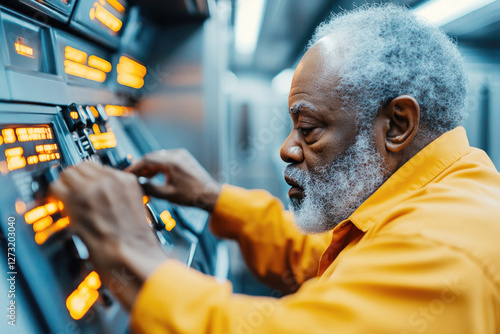 Close up of subway train driver in uniform operating control panel for safe urban transportation photo