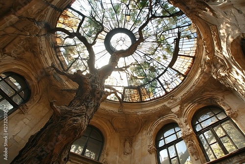 A lone tree grows through the broken glass dome of an abandoned, ornate building.