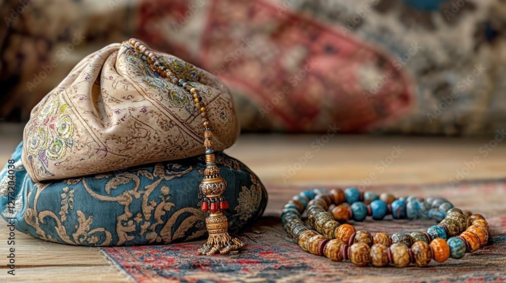 Fototapeta premium Ornate Cushions, Beaded Mala, and Antique Tassel: A Still Life of Textures and Colors