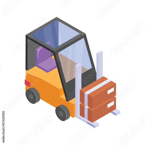 Isometric forklift lifting and transporting boxes in a warehouse environment.