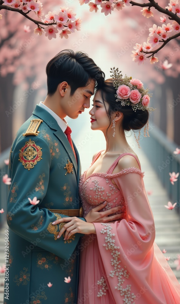 Obraz premium A romantic couple in traditional attire surrounded by cherry blossoms, capturing a moment of love and beauty, ideal for wedding, culture, or romance themes.