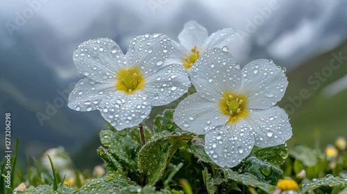 Alpine wildflowers with dew drops in mountain meadow