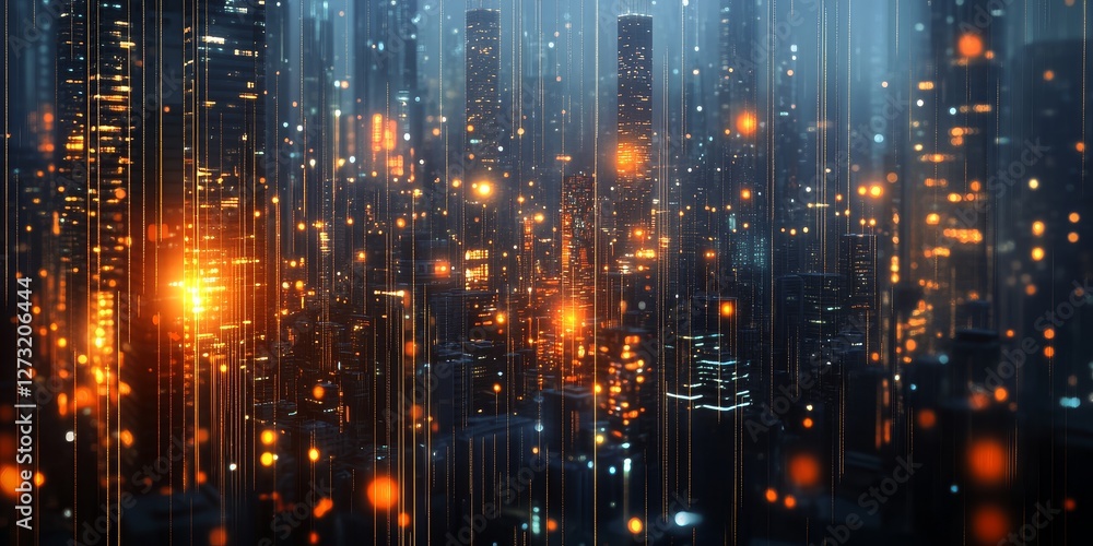 Obraz premium Futuristic cityscape at night with glowing lights and digital rain.