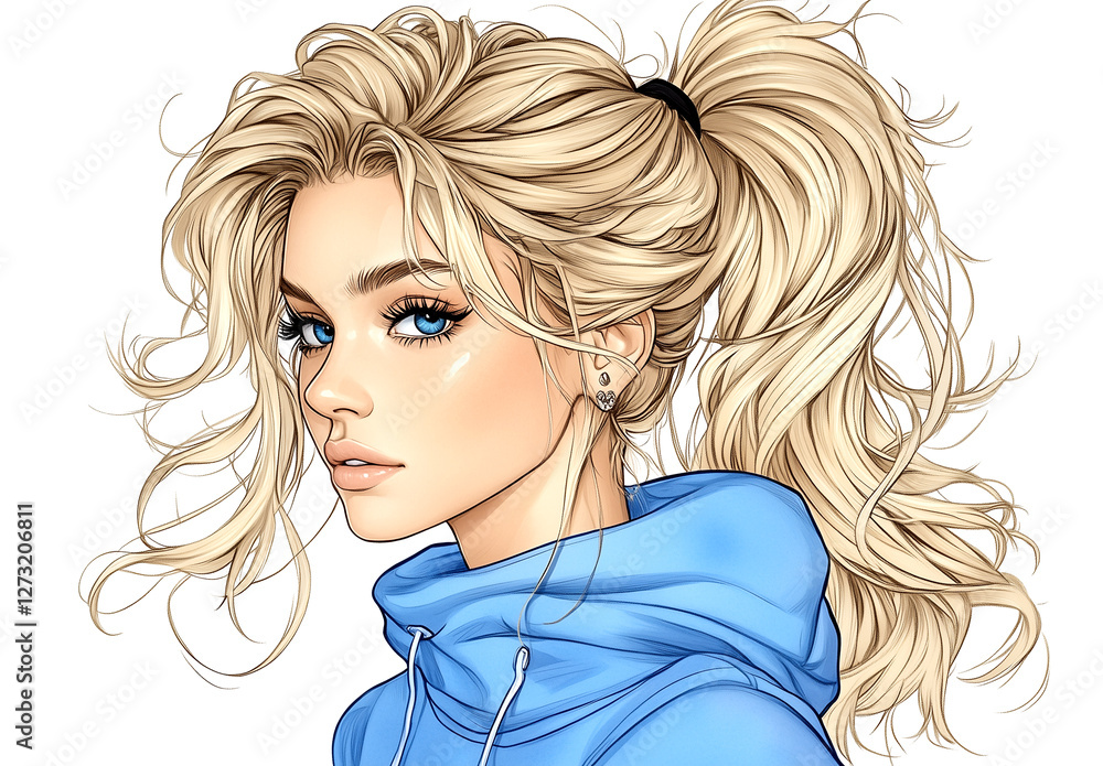 Girl with blonde hair and blue hoodie. She is wearing earrings and has blue eyes