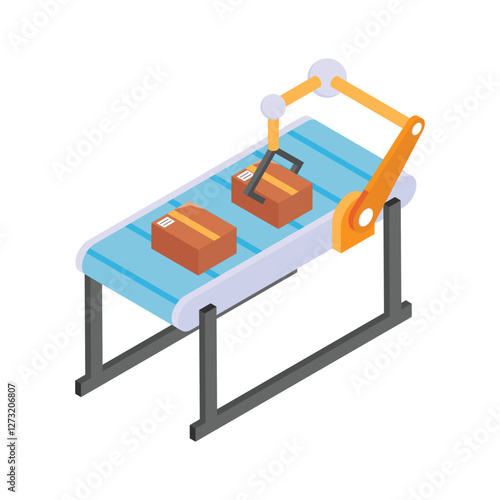Automated robotic arm sorting and packaging parcels on a conveyor belt.