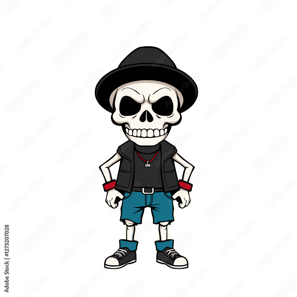 Fototapeta premium a skull emoji wearing a black hat, a black vest, and blue shorts, with a red bandana around its neck.