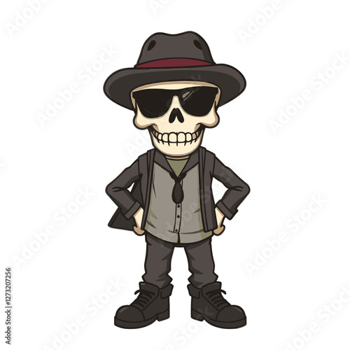 a skull emoji wearing a fedora hat, sunglasses, and a suit.