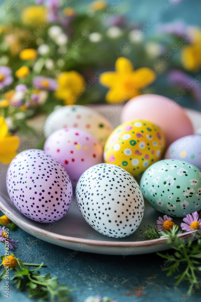 Fototapeta premium Colorful decorated Easter Place Setting with Easter Eggs, flowers on the table