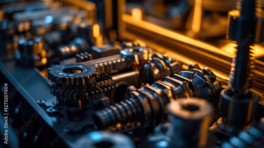 Naklejka premium Precise Metal Gears and Mechanisms in Detailed Close-Up