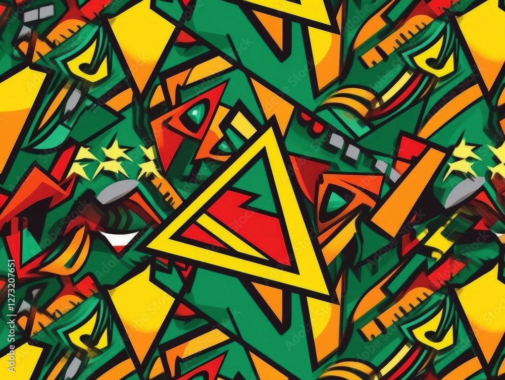 Abstract geometric pattern, with triangle shapes, vibrant colors, and a dynamic background. Possible textile design Abstract geometric pattern, with triangle shapes, vibrant colors, and a dynamic background. Possible textile design