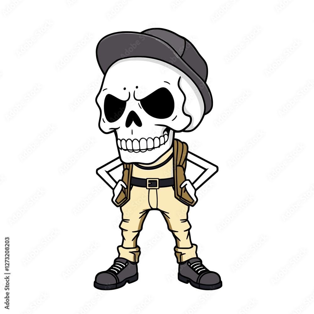 a skull emoji wearing a hat, backpack, and shoes, with a stern expression on its face. a skull emoji wearing a hat, backpack, and shoes, with a stern expression on its face.
