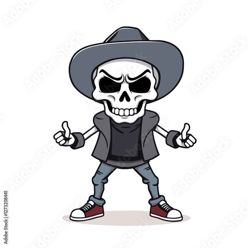 a skull emoji wearing a hat, jacket, and sneakers, giving a thumbs up gesture.