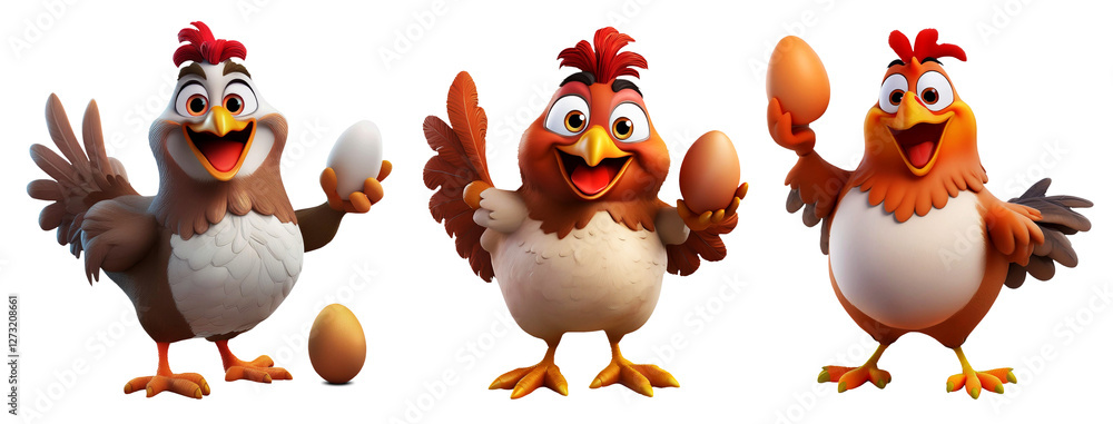 Close-up of a cute cartoon character of a smiling chicken or hen while holding an egg, isolated on white or transparent background, collection and variation. Png. Generative Ai. Close-up of a cute cartoon character of a smiling chicken or hen while holding an egg, isolated on white or transparent background, collection and variation. Png. Generative Ai.