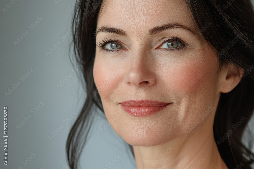 Middle-aged woman smiling softly, highlighting her full, sculpted lips Middle-aged woman smiling softly, highlighting her full, sculpted lips