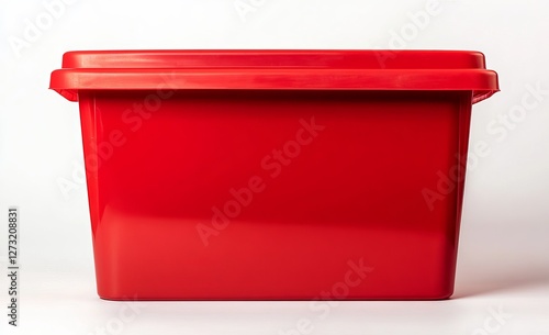 Red plastic storage container with lid, isolated on white background. (3)