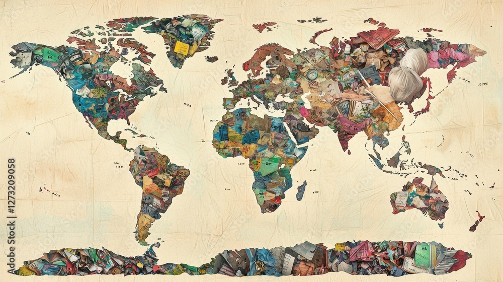 Fototapeta premium A watercolor world map with sections fading into garbage, showcasing the struggle between sustainability and pollution.
