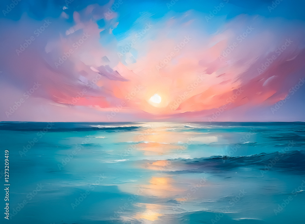 Obraz premium A breathtaking sunset over the tranquil ocean. Vibrant hues of orange, pink, and purple paint the sky, mirrored beautifully in the calm blue water.