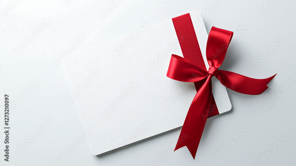 Elegant Blank Greeting Card with Red Ribbon Bow on White Background Elegant Blank Greeting Card with Red Ribbon Bow on White Background