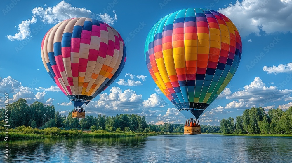 Fototapeta premium Two vibrant hot air balloons soaring over a serene lake under a clear blue sky