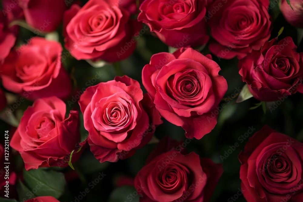 Naklejka premium Close-up of many deep red roses, bouquet, celebration, romantic