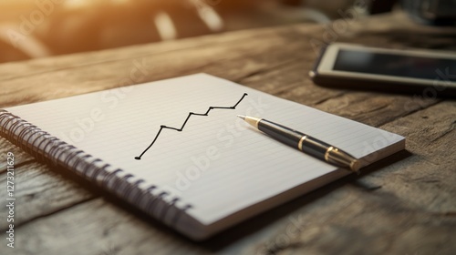 A single-line graph on a notebook, with a pen resting beside it, on a rustic wooden table, in a cozy workspace.