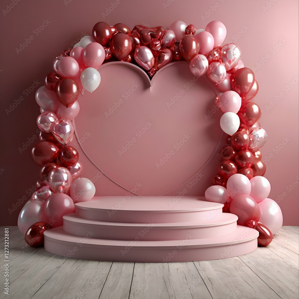 Obraz premium Pink balloons arrangement with stage Generated by Ai.