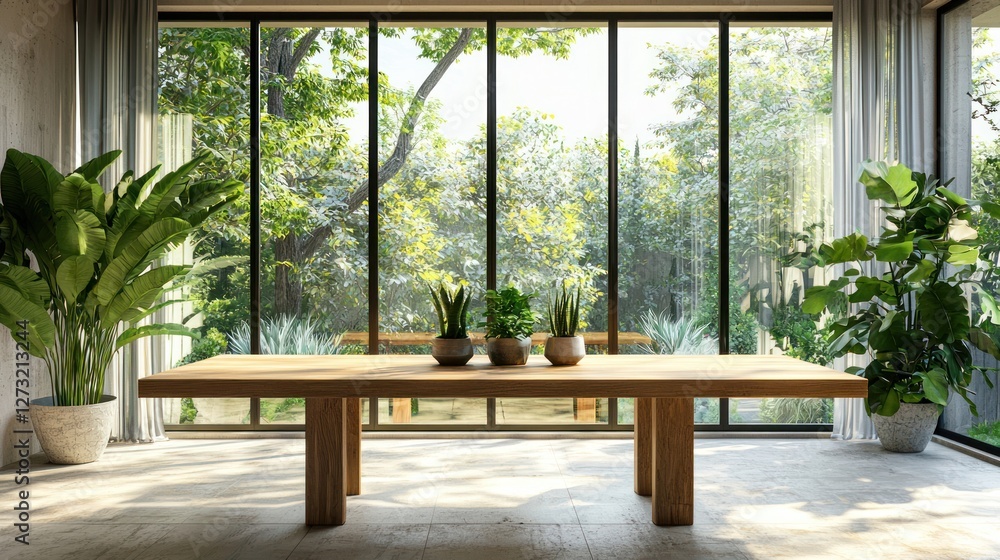 A modern dining area with a wooden table, large windows, and green plants in ceramic pots as the centerpiece A modern dining area with a wooden table, large windows, and green plants in ceramic pots as the centerpiece