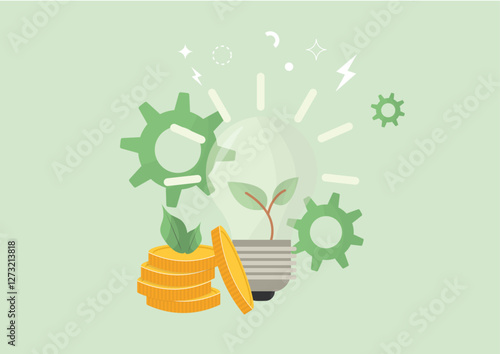 Green Innovation and Clean Energy Investment Concept. plant growing inside a lightbulb with coins and gears, symbolizing sustainable technology and eco-friendly financial growth. Vector illustration