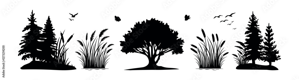 Fototapeta premium collection of plants river vector silhouette.cattail and reed vector silhouette