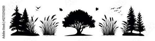 collection of plants river vector silhouette.cattail and reed vector silhouette