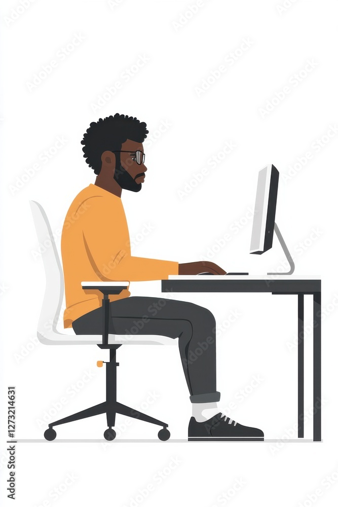Young man working at a desk with a computer in modern office setting Young man working at a desk with a computer in modern office setting